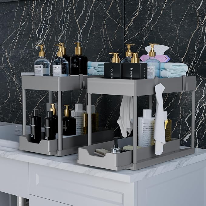 Under Sink Organizer 2 Pack，Bathroom Cabinet Organizer，2 Tier Sliding Cabinet Basket Organizer Drawer, Multi-Purpose Bath Collection Baskets for Bathroom (Grey)