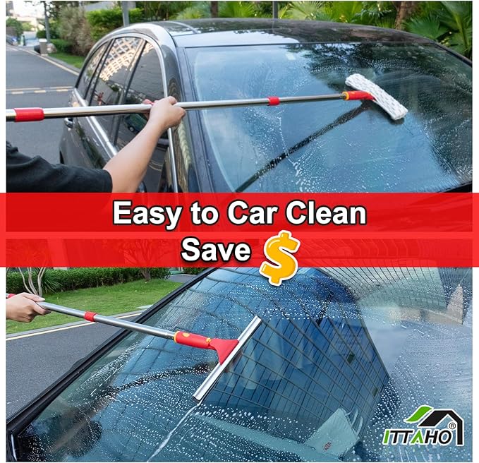 ITTAHO Squeegee for Window Cleaning, 12" Squeegee and 11" Microfiber Scrubber Combi with Stainless Steel Pole, Extendable Window Cleaner for Car, Sliding Door, Shower Glass Door-Swivel Style-2 Pads