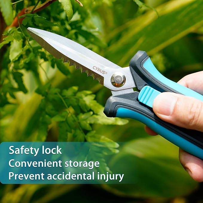 CYRUS Pruning Shears 8" Hand Gardening Scissors Extended Straight Carbon Blades Trimming Precision Bud Scissors with Sharp Serrations Widely Used for Gardening, Hydroponics, Grow Tents-CYRUS