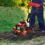 Mini Tiller Cultivator 63CC 4-Stroke Gas Powered Hand Rotary Cultivator Rototiller Walk Behind Garden Farmyard Tiller Cultivator,Adjustable Tilling Depth Front Tine Tiller for Loosening Soil,Weeding
