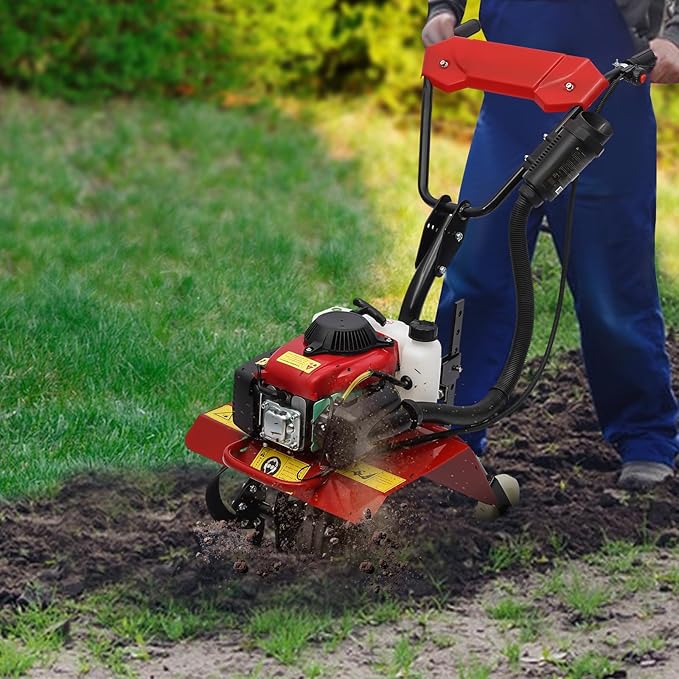 Gas Powered Tiller, 63Cc 4-Stroke Soil Cultivator Mini Tiller Cultivator Garden Tiller Hand Rotary Cultivator Rototiller Garden Tool with Long Handle for Lawn Garden Soil Cultivation 1600W