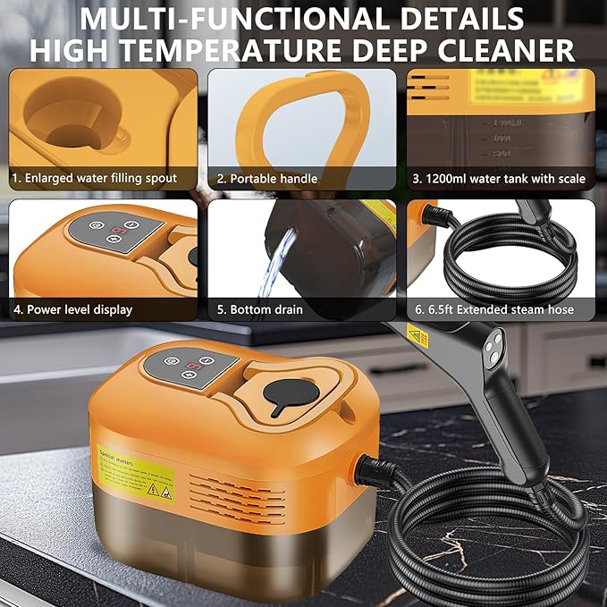 Handheld Steam Cleaner, Portable Steamer for Cleaning with 9pcs Accessories, 6-Level Adjustable Handle, 12s Heat-Up, 1200ml Tank, Steam Cleaner for Home,Dirt,Grout,Tile,Floor,Couch and Car (Orange)