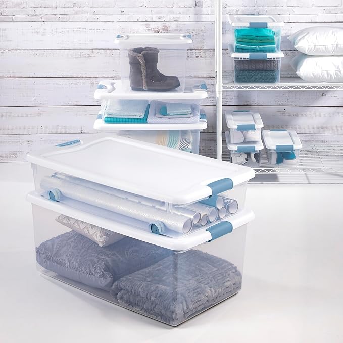 Sterilite 12 Pack Latching Box, Under Bed Storage Bins with Lids, Clear Plastic, 64 Quart - Heavy-Duty Organizing Containers for Closet, Bathroom, and Office