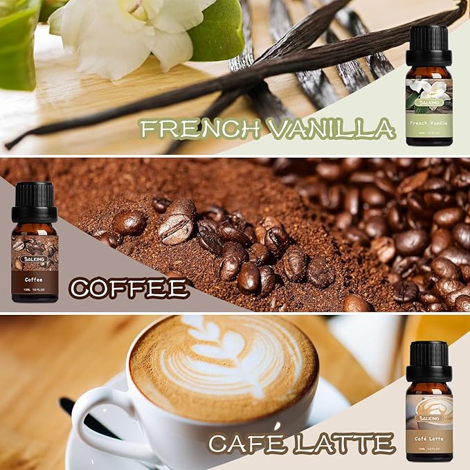 SALKING Coffee Shop Fragrance Oils Set, Premium Essential Oils Set for Diffuser, Scented Oil for Soap & Candle Making - Blueberry Pancakes, Coffee, Café Latte, Hot Chocolate, French Vanilla, Black Tea