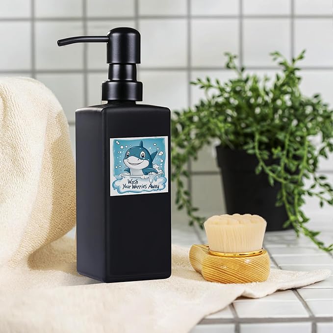 Soap Dispenser Bathroom, JINLIFA 12oz Black Glass Refillable Liquid Hand Dish Soap Dispenser (5 Labels)