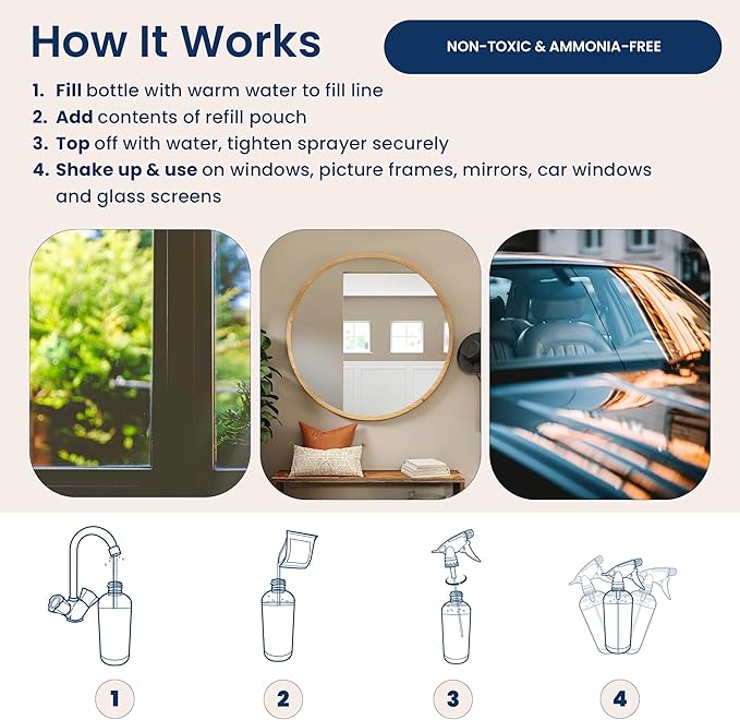 Natural Glass Cleaner - Removes Dirt & Debris for Sparkling Clean Windows & Glass Surfaces at Home, Office & Garage, Includes: 1 Refillable Empty Bottle (16oz) & 2 Refills (3oz ea)