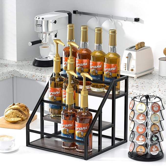 Coffee Syrup Rack Organizer, Spice Racks, Syrup Bottle Holder Stand for Coffee Bar, 3-Tier 12 Bottles Storage Shelves for Syrup, Wine, Dressing for Kitchen Countertop, Grey