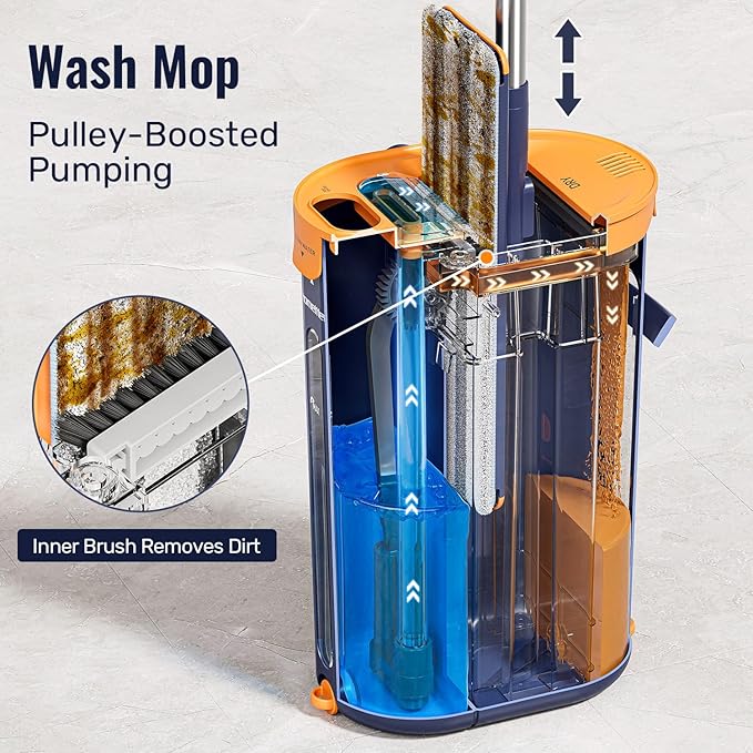 Mop and Bucket Set with Wringer, 3-Tank Flat Mop and Bucket System, Wall Mop Cleaner with Long Handle, Hands Free Mops for Floor Cleaning with 4 Microfiber Pads