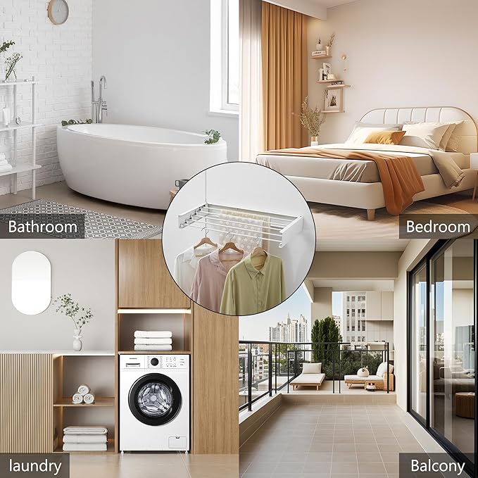 Clothes Drying Rack, Laundry Hanging Rack Collapsible, Wall Mounted Drying Rack for Laundry, Foldable Drying Rack Indoor Outdoor, 31.5" Wide, 5 Aluminum Rods, 60 lb Capacity (White 31.5")