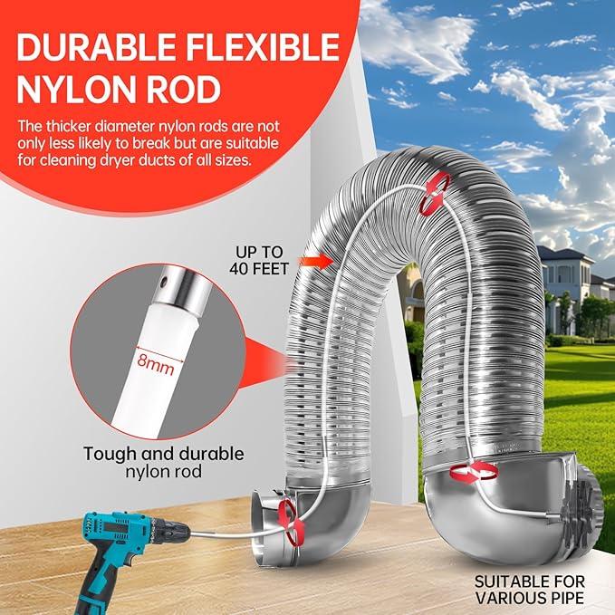 BLuesea Dryer Vent Cleaner Kit, 15-Piece Ultimate Dryer Cleaning Kit Include 40 Feet Dryer Vent Brush, Upgrade Noiseless Dryer Lint Vacuum Attachment, Lint Trap Brush, Vacuum & Dryer Adapters