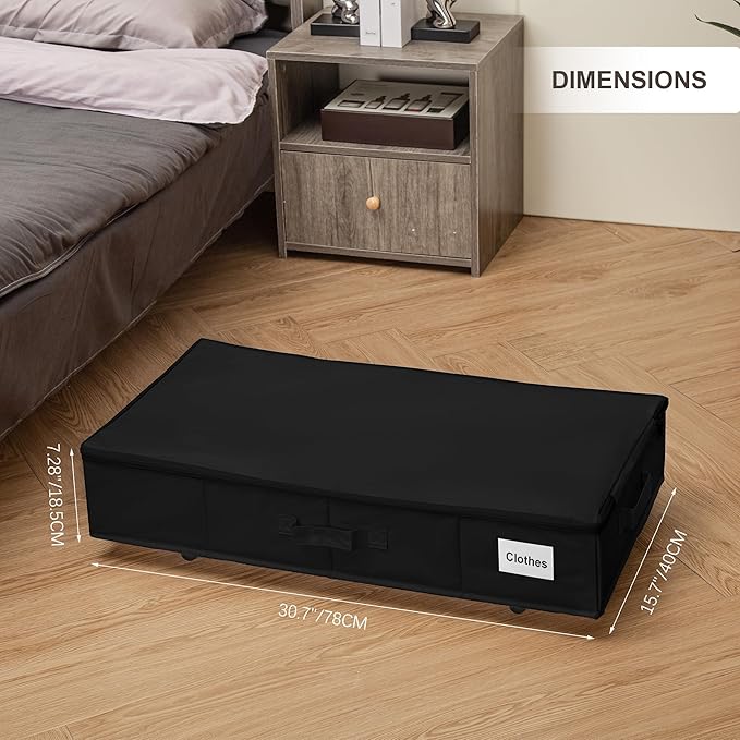 Under Bed Storage with Wheels, 2 Pack Under Bed Storage Containers with Label Holders for Clothes, Shoes and Blankets, Rolling Underbed Shoe Organizer with Cover, Black (30.71x15.7x7.28 in)