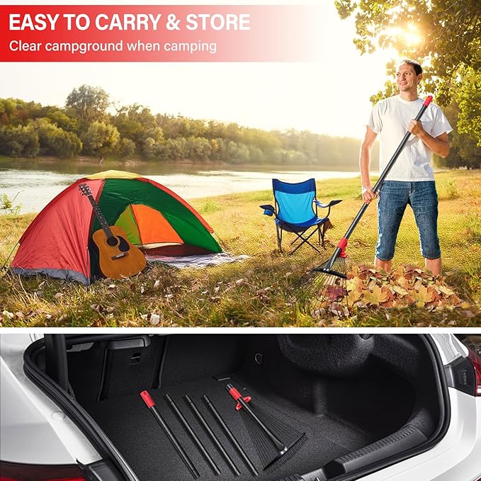 Rake for Leaves - Metal Leaf Rake for Lawn & Narrow Beds with Expandable Head 9-17", 75" Adjustable Long Handle for Children Adults No Pain Gardening, Portable Camping Rakes, Threaded Quick Install