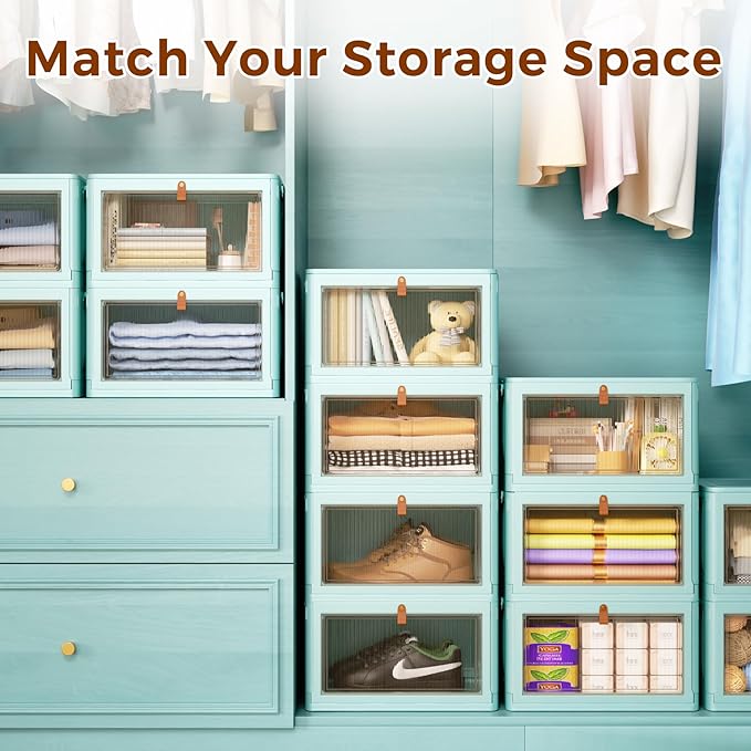 4 Tier Stackable Plastic Storage Bins with Lid and Wheels - 23 QT Closet Organizers and Storage, Foldable Storage Containers, Organization and Storage Boxes for Craft, Home, Pantry, Dorm,Green