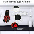 BBQ Fireproof Gloves, Grill Cut-Resistant Gloves 1472°F Heat Resistant Gloves, Non-Slip Silicone Oven Gloves, Kitchen Safe Cooking Gloves for Oven Mitts,Barbecue,Cooking, Frying,13.5 Inch-Red