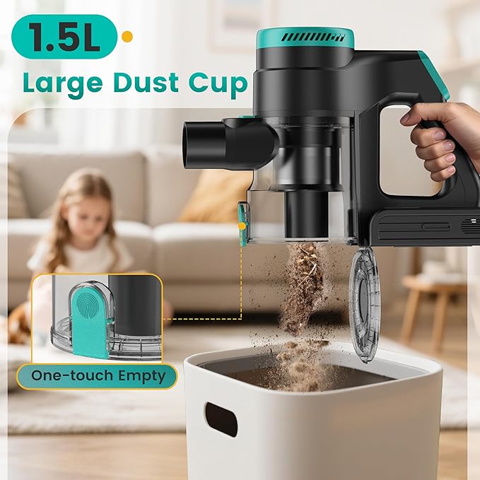 Cordless Vacuum Cleaner, Stick Vacuum with Powerful Suction, 45Mins Runtime Vacuum Cleaners for Home, Anti-tangle and 1.5L Dust Cup, 6 in 1 Lightweight Vacuum for Hardwood Floor Carpet Pet Hair