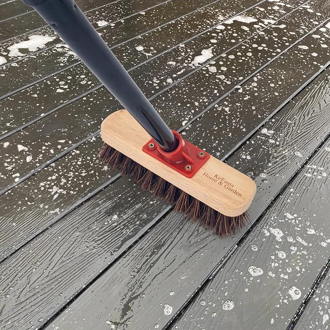 Deck Brush with Long Handle, 52'' Palmyra Bristle Scrub Broom for Boat, Patio, Garage, Concrete, Shower, Bathroom Cleaning, Outdoor Floor Scrubber