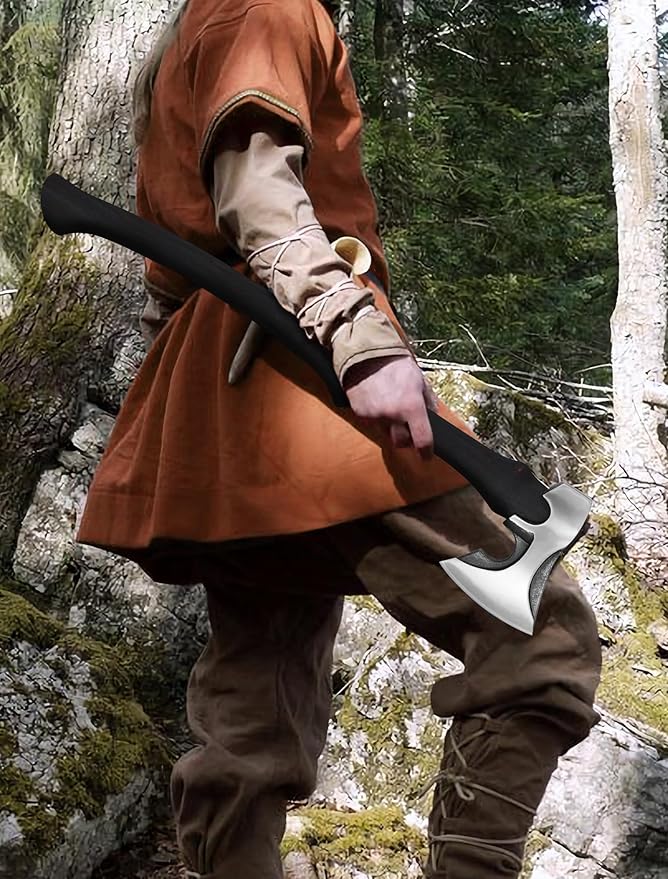 Camping Hatchet -Chopping Axe with Leather Sheath, 28.2" Forged Carbon Steel Wood Splitting Axe for Chopping Camping Survival