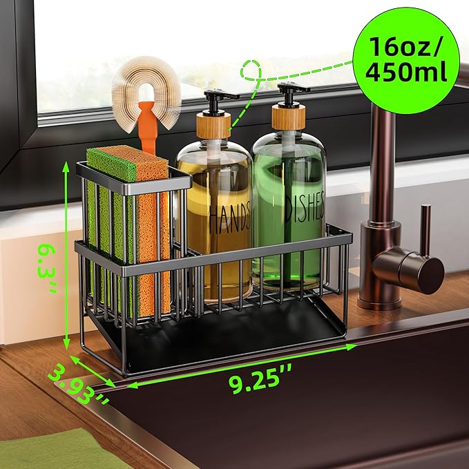 Cisily Dish Soap Dispenser, 16 fl Oz Dual Kitchen Soap Dispensers with Sponge Holder, Customized Stainless Steel Kitchen Soap Dispenser Set, Modern Hand and Dish Soap Bottle Set Removable