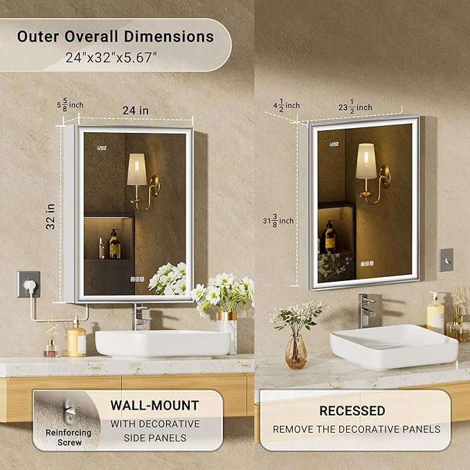 24x32 Lighted Medicine Cabinet with Mirror, Beveled Brushed Nickel Framed Surface or Recessed Fogless Dimmable LED Medicine Cabinet with Outlet, Time Display and Sensor Inner Light
