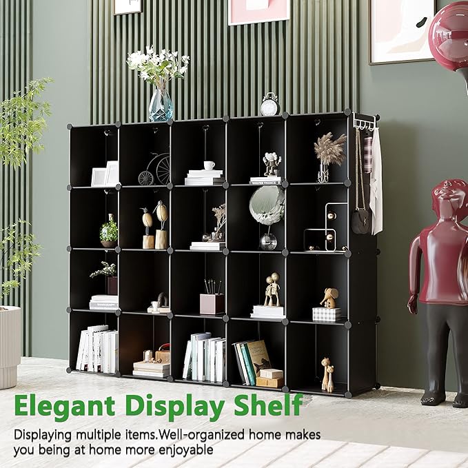 C&AHOME Cube Storage Organizer, 20-Cube Shelves Units, Closet Cabinet, DIY Plastic Modular Book Shelf, Ideal for Bedroom, Living Room, Office, 48.4" L x 12.4" W x 60.6" H Black UPCS20H