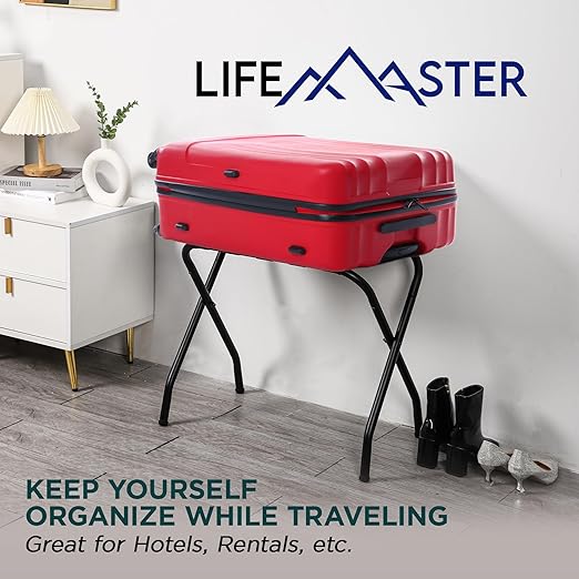 Lifemaster Metal Luggage Rack - Pack of 2 Foldable, Easy Assembly, Space Saving, and Stylish Steel Frame Guest Suitcase Stands with Nylon Straps - Black