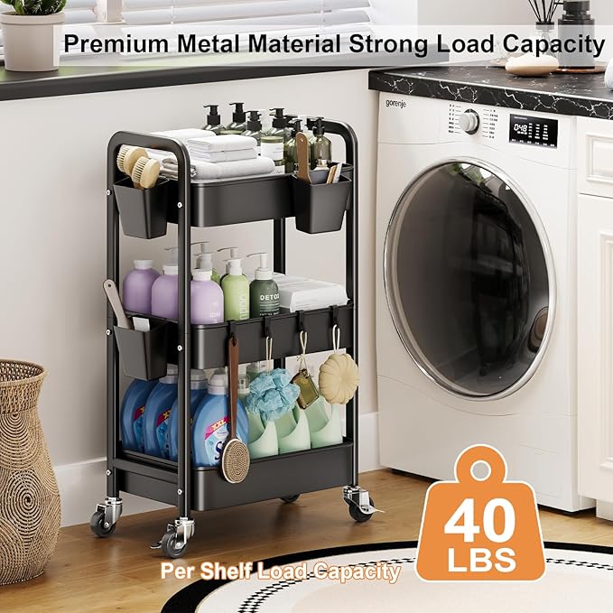 3 Tier Rolling Cart with Lockable Wheels, Metal Diaper Caddy Cart Organizer for Baby Essentials, Black Storage Utility Cart for Craft, Snack, Rolling Carts with Wheels for Lash Techs, Art, Bathroom