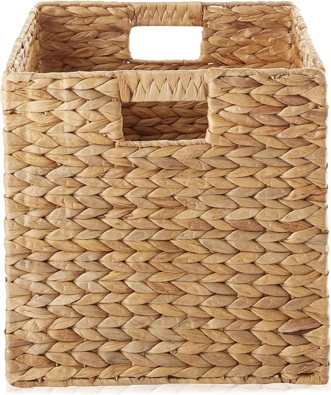 Casafield 12" x 12" Water Hyacinth Storage Baskets, Natural - Set of 2 Collapsible Cube Organizers, Woven Bins for Bathroom, Bedroom, Laundry, Pantry, Shelves