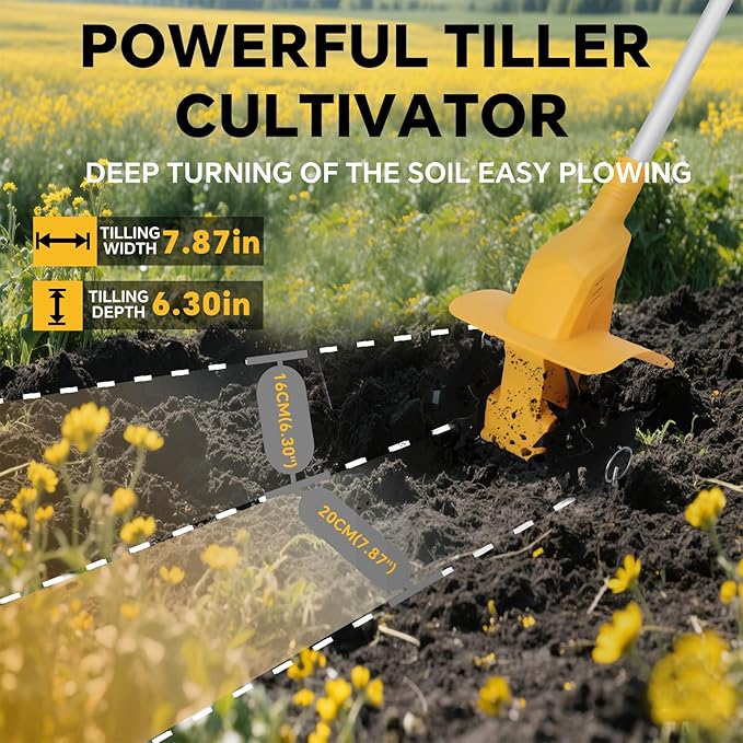 Cordless Tiller Cultivator Compatible with Dewalt 20V Max Li-ion Battery, 500W Brushless Rototiller for Gardening/Lawn, w/330 RPM, 4x12 Tines, 7.87" Tilling Width, 6.3" Depth(NO Battery)