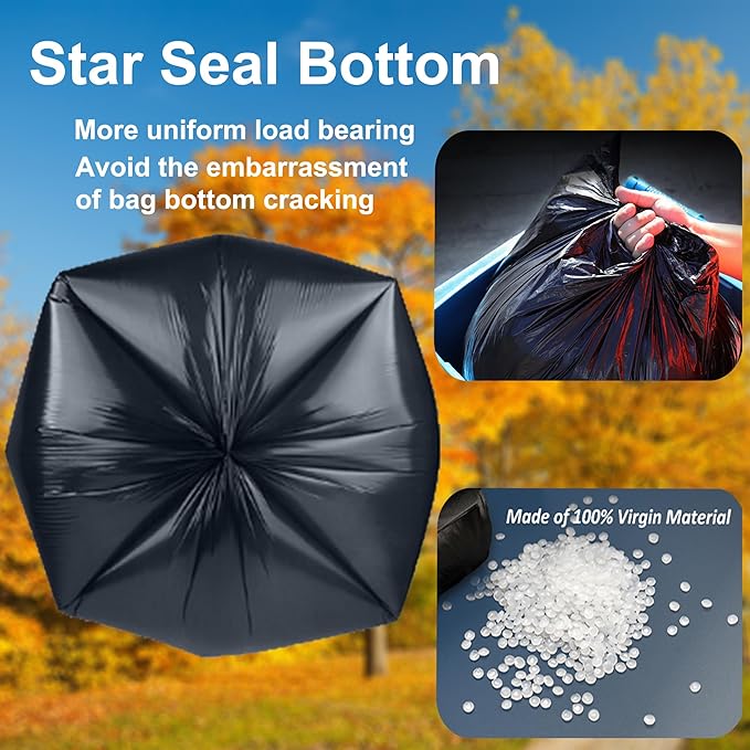55-60 Gallon Trash Bags Heavy Duty 150 Count Bulk with 4 Innovative Flap Ties | Compatible with Rubbermaid Brute & Winco & Behrens 50-60 Gallon Round Trash Can | Tear & Leak Resistant Black
