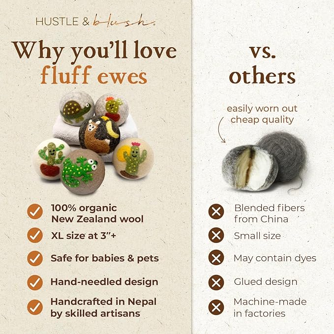 Hustle & Blush Fluff Ewes Wool Dryer Balls 6 Pack - XL Kiss My Cactus Premium New Zealand Laundry Set, Reduces Drying Time, Static Control, Chemical Free, Ideal Holiday Gifts for Women & Men