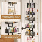 Adjustable Over The Door Organizer, Metal Hanging Door Storage with 4 Metal Baskets and PVC Pocket, Closet Door Organizer for Bathroom Bedroom Cabinet, Black