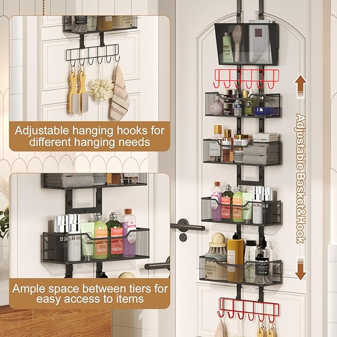Adjustable Over The Door Organizer, Metal Hanging Door Storage with 4 Metal Baskets and PVC Pocket, Closet Door Organizer for Bathroom Bedroom Cabinet, Black