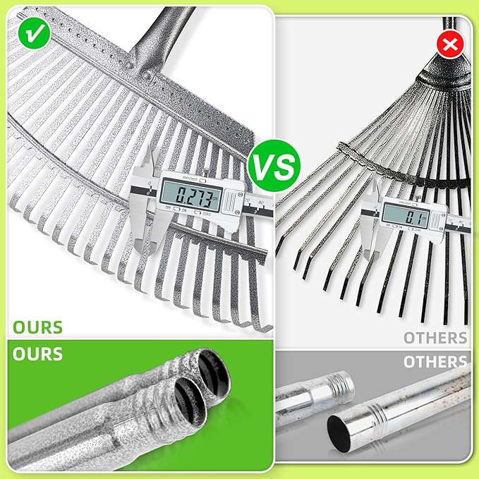 GARDENWORK Garden Leaf Rake,73" Long Handle Rake for Leaves,18" Wide Metal Garden Rakes with 25 Reinforced Tines and Adjustable Handle for Lawn,Shrub,Grass,Flower Beds