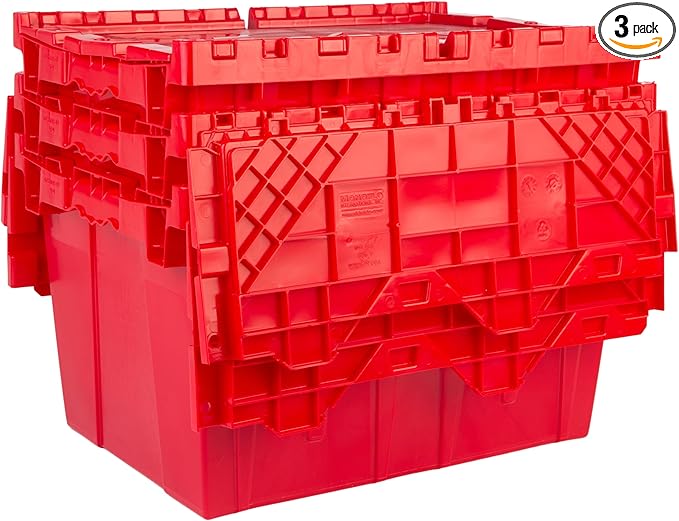 Hudson Exchange 21.9 x 15.2 x 12.8” (3 Pack) Storage Tote Distribution Container with Hinged Attached Lid, Red