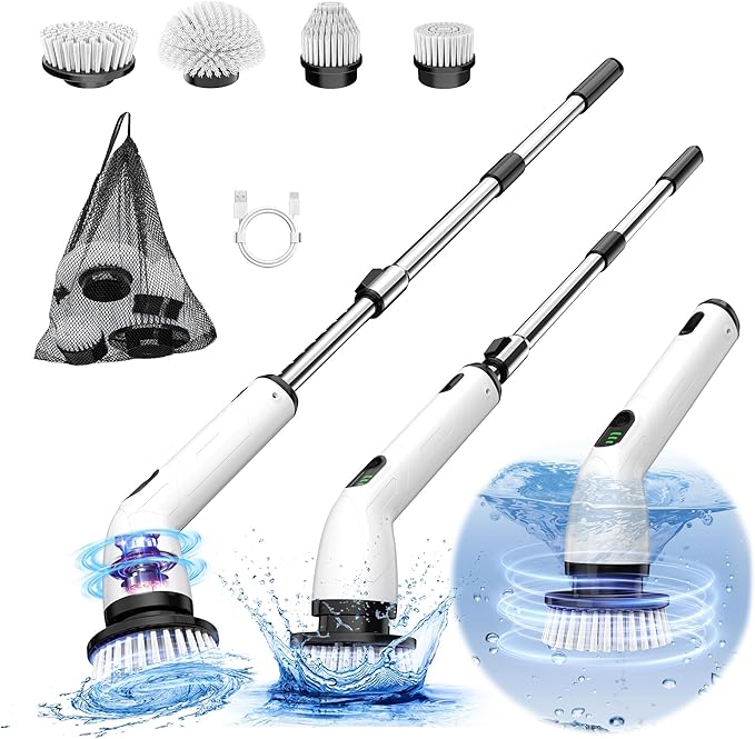 Electric Spin Scrubber, Full-Body IPX7 Waterproof Cordless Shower Scrubber with 4 Replaceable Heads, Upgraded Extension Handle, 2H Work Time, 2 Speeds for Bathroom Shower Tile Glass