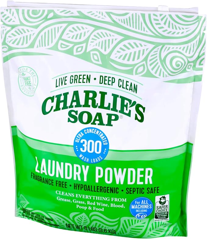 Charlie’s Soap Laundry Detergent Powder – 8 lb Bulk, Fragrance-Free, Hypoallergenic, Plant-Based, Biodegradable, Eco-Friendly, Deep Cleaning Powder for Sensitive Skin & HE Washers