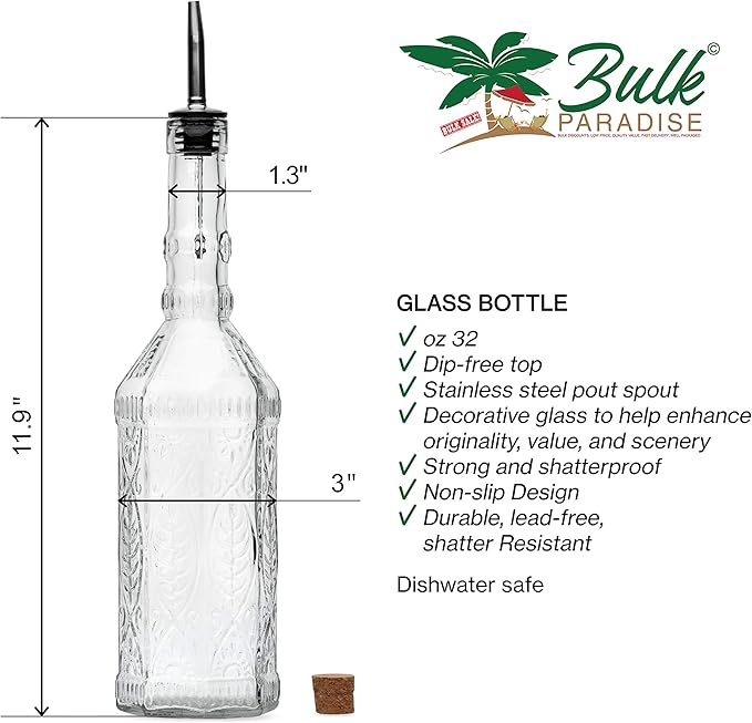 Large Clear Decorative Glass Bottle with Spout and Cork, 32oz, 1 Bottle - Design: VINO (3in X 11.9in)