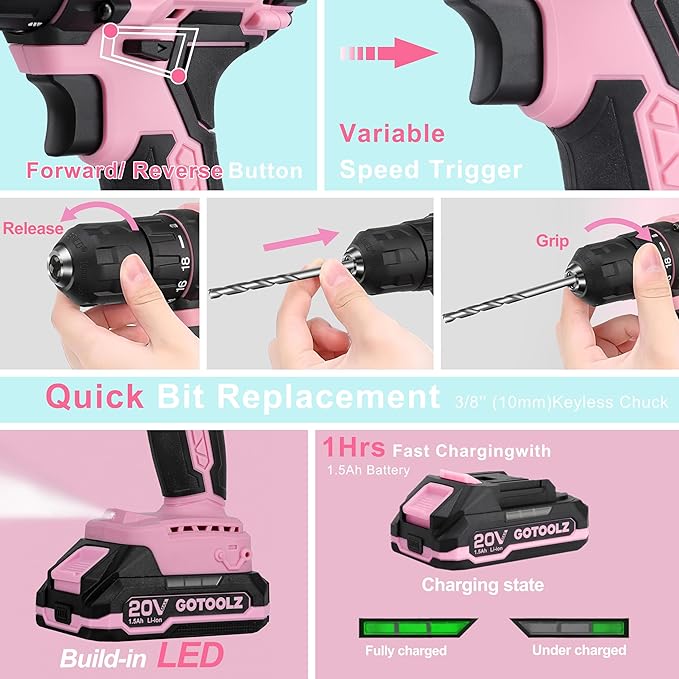 Power Drill Cordless, 273-Piece Power Drill Sets Household Tool Kit, 20V Electric Drill Sets Repairing Kit, Electric Screwdriver Driver Tool Kit with Charger and Storage Bag(Pink)
