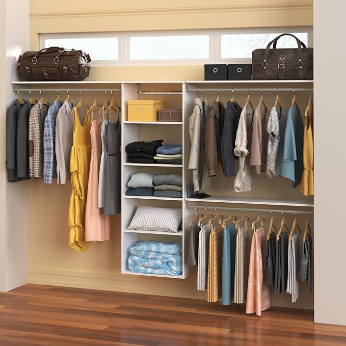 ClosetMaid SuiteSymphony Hanging Closet Kit Includes (1) Tower, (3) Closet Rods, (6) Shelves, and (3) Top Shelves w/Brackets, White