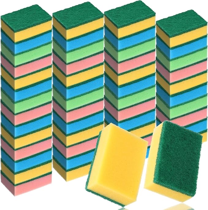 Patelai 100 Pcs Heavy Duty Cleaning Scrub Sponges for Kitchen Abrasive Scrubber Sponge Bulk One Scouring Scrubbing One Absorbent Dish for Washing Dishes Kitchen, Assorted Colors