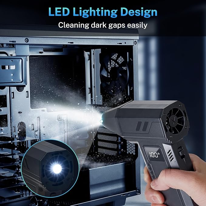 2-in-1 Electric Compressed Air Duster & Car Vacuum Cleaner - 130000RPM High Power Air Blower with LED Light 100-Gear Rechargeable Strong Keyboard Cleaner for PC, Laptop, Home, Car - Black