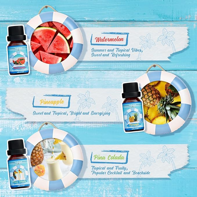 Summer Essential Oils Set, Fragrance Oil Gift Set for Oil Diffusers, Scented Oils for Soap Candle Making 6x10ml - Sea Breeze, Pineapple, Watermelon, Coconut, Pink Beach, and Pina Colada