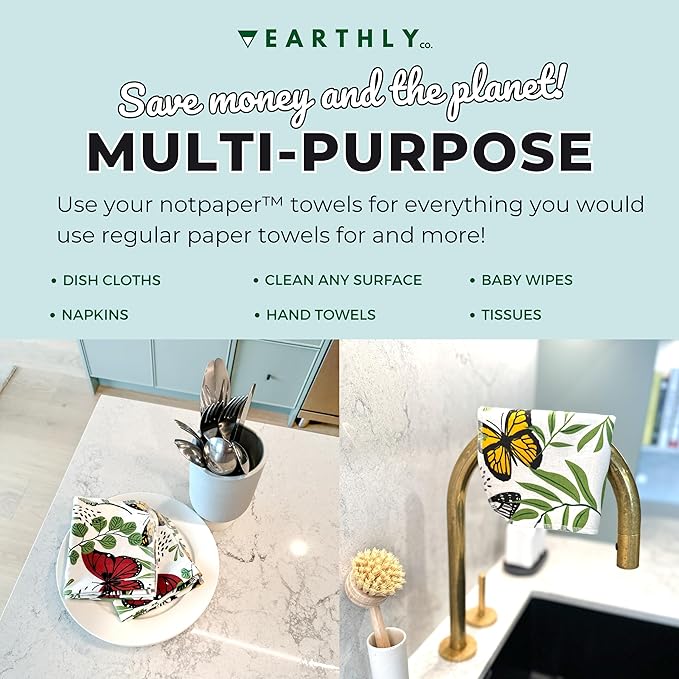 Reusable Paper Towels - 10 Pack - Roll of Washable Cotton Cloth Paper Towels - Paperless Reusable Napkins Cloth Washable - Absorbent + Long Lasting - Zero Waste Products - (Butterfly)