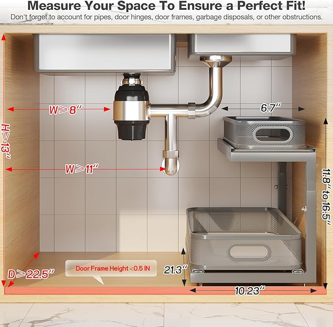 2-Pack 21.3 IN Depth Under Sink Organizer With Next-Gen Ball-Bearing Slides,Sophisticated Mesh 2-Tier Pull Out Shelf for Kitchen & Bathroom,Fits Small Items-Gun Gray