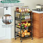4-Tier Small Kitchen Storage Cart on Wheels, Rolling Pantry and Snack Organizer Cart with Pull-Out Baskets & Wood Top, Utility Kitchen Fruit Basket Stand for Fruit Potato Onion Vegetable Snack