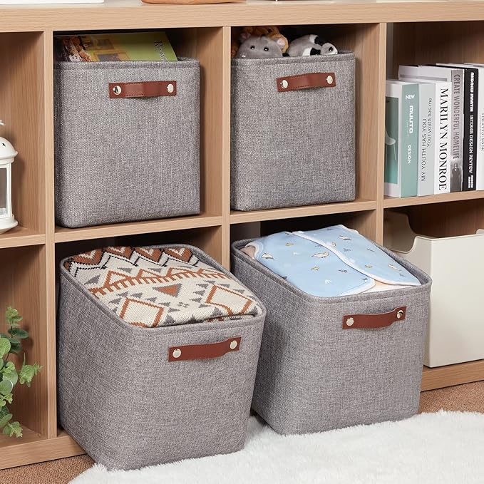 HNZIGE Collapsible Storage Basket,(4Pack) Cube Storage Baskets for Organizing Shelves,Fabric Baskets for Storage,11x11 Storage Basket for Dog Toys,Closet,Book,Clothes Storage with Handles(Grey)