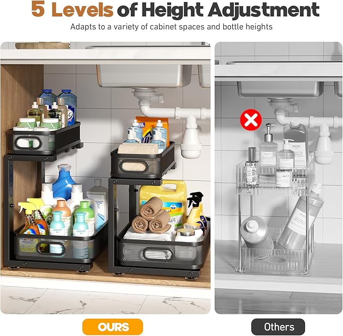 2 Pack 15.7IN-Depth Under Sink Organizer With Smooth Cylindrical Rail,2-Tier Pull Out Multi-Purpose Cabinet Storage for Bathroom&Kitchen,Height Adjustable,Rust-resistant Coating-Black