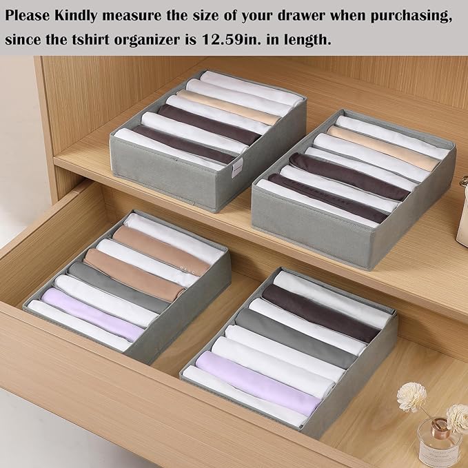 4 Packs T-shirt Drawer Organizers for Clothing,8 Grids Compartment Wardrobe Storage Box, Washable Clothes Organizer for Folded Clothes, Legging, Silk Scarve