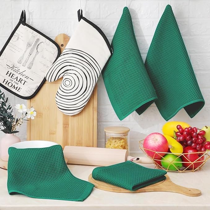 Homaxy 100% Cotton Waffle Weave Kitchen Dish Cloths, Ultra Soft Absorbent Quick Drying Dish Towels, 12 x 12 Inches, 12-Pack, Dark Green