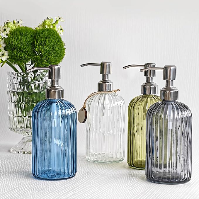 JASAI 18Oz Navy Blue Glass Soap Dispenser for Kitchen & Bathroom, Refillable Kitchen soap Dispenser with Vertical Stripe, Bathroom Soap Dispenser for Dispense Hand soap& Dish Soap.